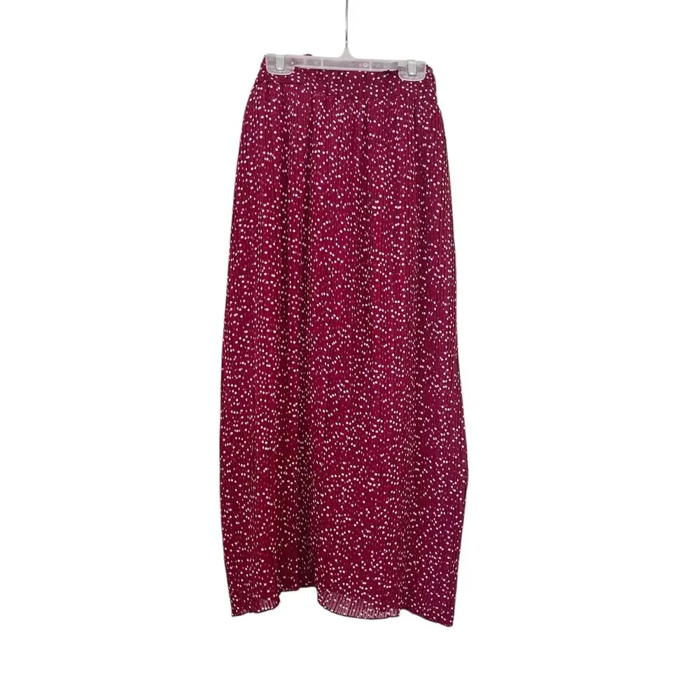 Zara Burgundy Red Polka Dot Print Pleated Tie Waist Maxi Skirt Size XL